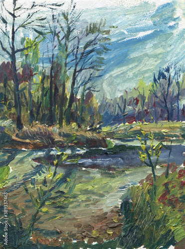 Fototapeta Naklejka Na Ścianę i Meble -  trees and lake late autumn painting
