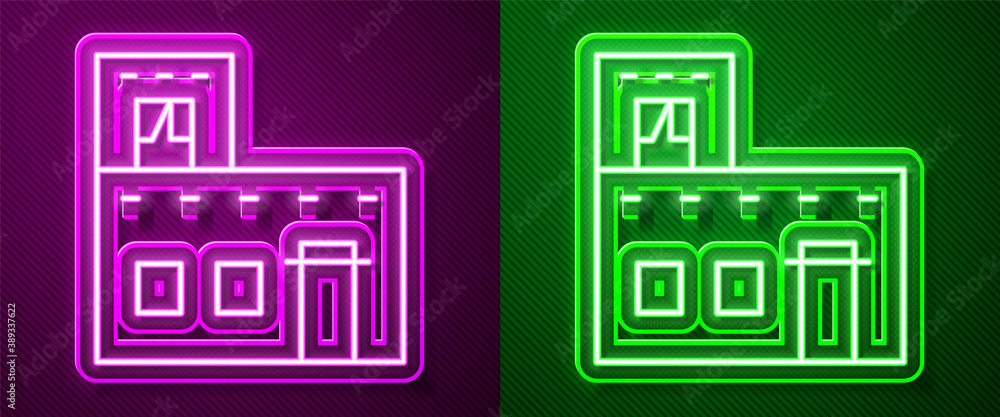 Glowing neon line Traditional Mexican house icon isolated on purple and green background. Vector.