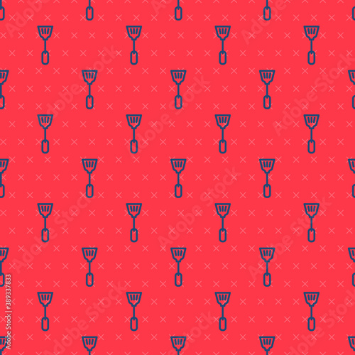 Blue line Fly swatter icon isolated seamless pattern on red background. Vector.