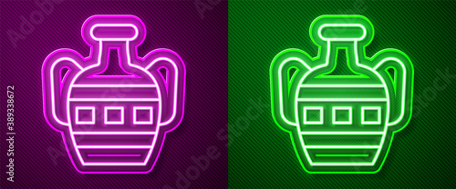 Glowing neon line Ancient amphorae icon isolated on purple and green background. Vector.