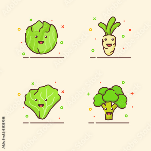 Vegetable icons set collection cabbage radish lettuce broccoli cute mascot face emotion happy with color flat cartoon outline style