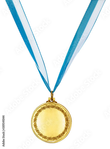 Gold medal with two color ribbon, isolated on a white background