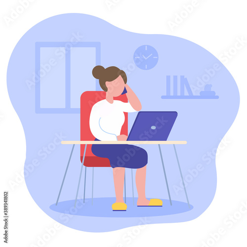 Young woman sitting at desk with laptop and answers phone business call. Freelance, remote work at home, online jobs and home office. Quarantine concept. Vector illustration.