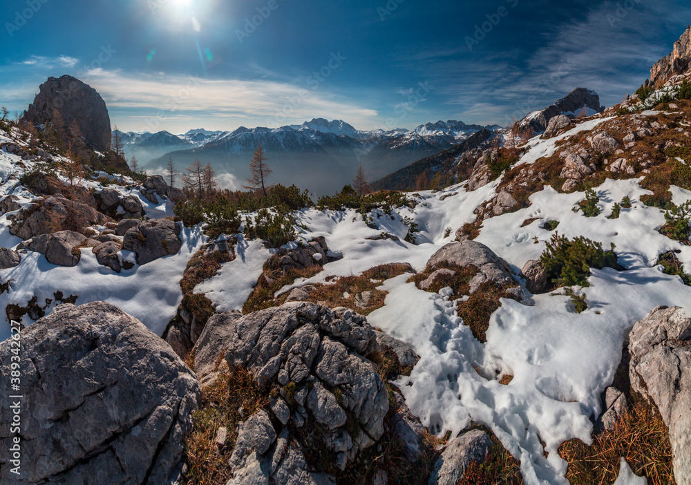 Obraz premium Trekking day in a snowy autumn in the Dolomiti Friulane, Friuli-Venezia Giulia