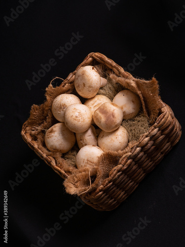 button mushroom on hyacinth box and black background