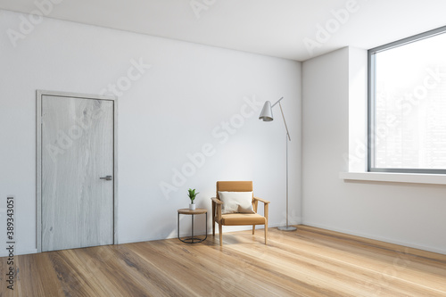 Hall with brown chair and lamp in the room mockup copy space, parquet floor