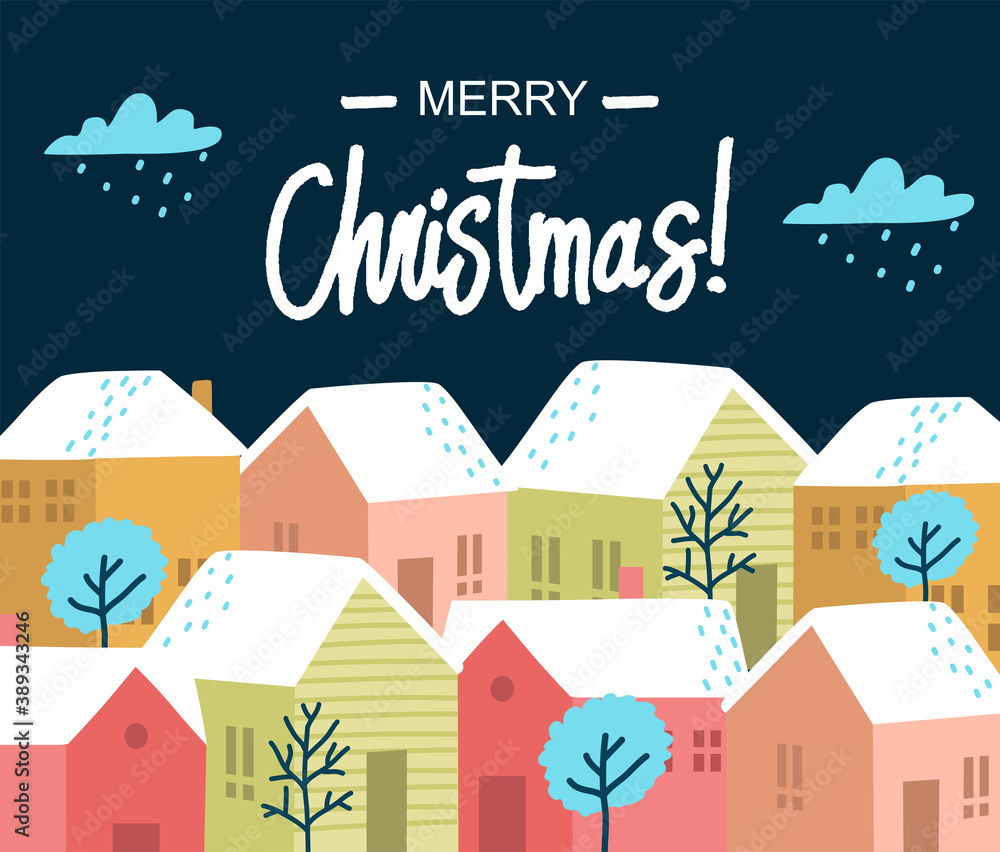 Winter town landscape. Vector illustration. Merry christmas and happy new year greeting card with tiny houses and trees. Winter evening landscape background. 