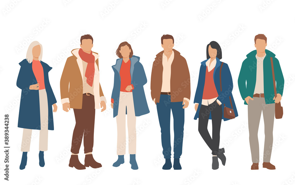 Set of young men and women standing in spring, autumn and winter outerwear, different colors, cartoon character, silhouettes of people, students, flat icon design concept, isolated on white Set of young men and women standing in spring, autumn and winter outerwear, different colors, cartoon character, silhouettes of people, students, flat icon design concept, isolated on white