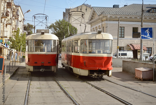 Electric tram vehicle. Urban rail transport. Environmental-friendly transportation. Kyiv. Ukraine. More than 125 years tram vehicles have been used in the city © olenaari