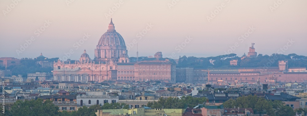 Panoramic view of Rome at Dawn with Saint Peter Basilica