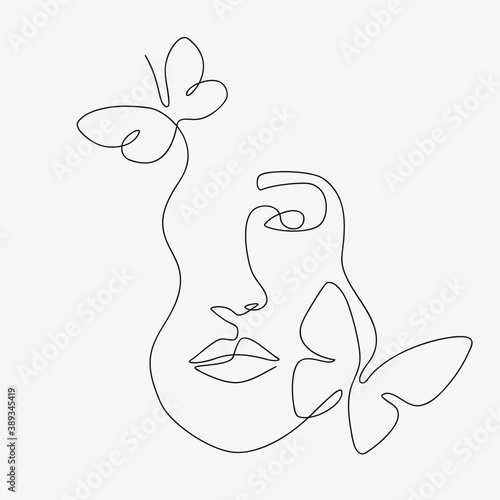 Woman head with butterfly composition. Hand-drawn vector line-art illustratio...