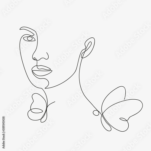 Woman head with butterfly composition. Hand-drawn vector line-art illustratio...