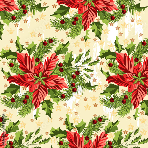 Seamless pattern with a Christmas bouquet of poinsettia, spruce branches and Holly on a background of stars