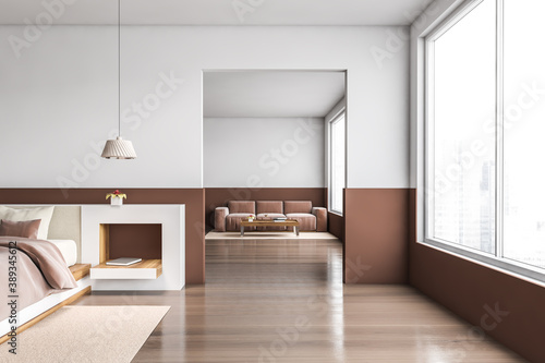 White and brown bedroom and living room interior