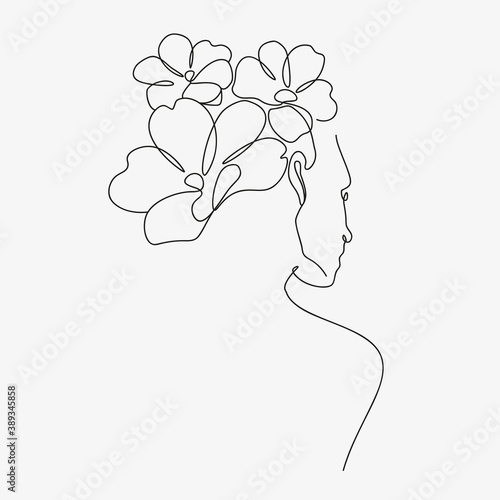 Woman head with flowers composition. Hand-drawn vector line-art illustration. One Line style drawing.