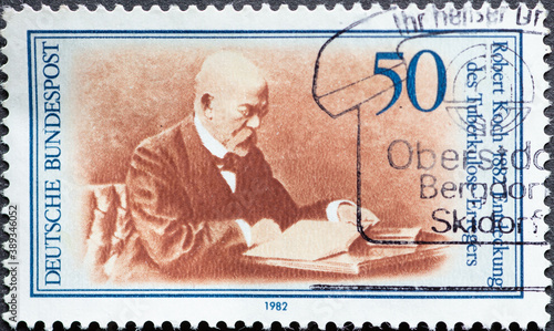 GERMANY - CIRCA 1982: a postage stamp from Germany, showing a portrait of Robert Koch, discoverer of the tuberculosis pathogen. Mycobacterium tuberculosis