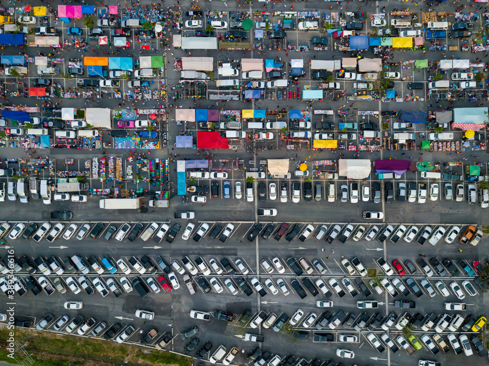 Car parking lot view from above, Aerial view at Ninja night market chonburi.