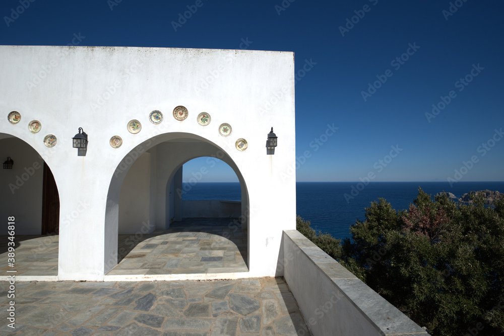 Small church near the sea, Skiathos island, Greece, design architecture.