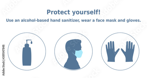 Vector poster 'Protect yourself! Use an alcohol-based hand sanitizer, wear a face mask and gloves'. 3 icons set. Personal protective equipment items illustration for health posters and banners.