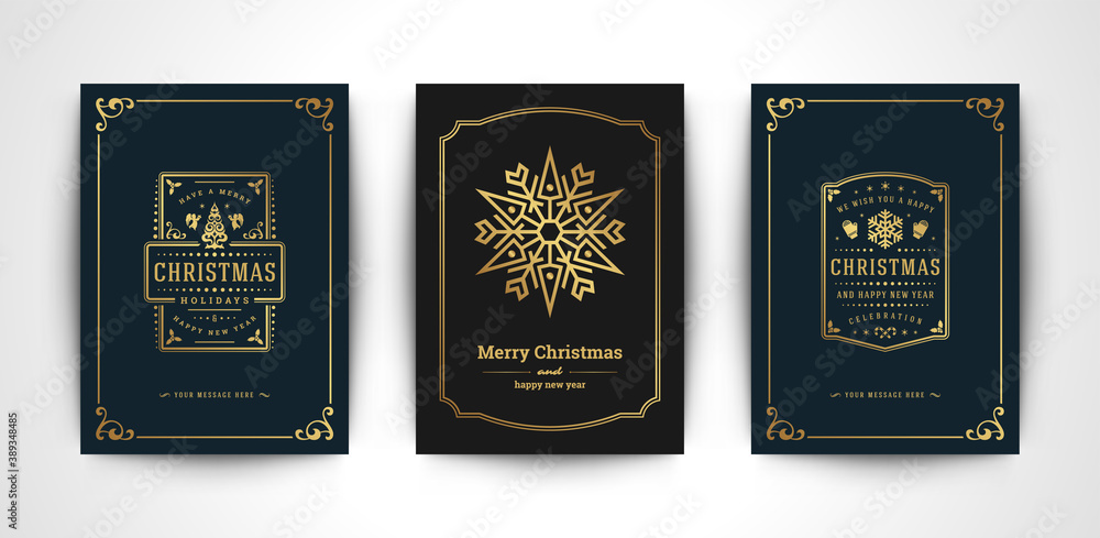 Naklejka premium Christmas greeting cards set and ornate typographic winter holidays text vector illustration.