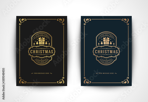 Christmas greeting card with gift box silhouette and ornate typographic winter holidays text vector illustration.