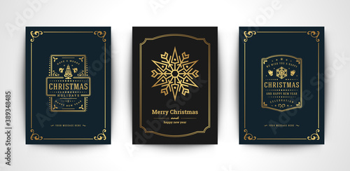 Christmas greeting cards set and ornate typographic winter holidays text vector illustration.
