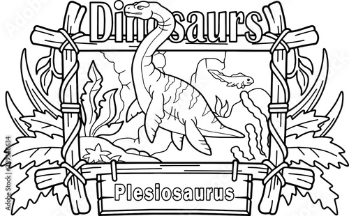 cartoon prehistoric dinosaur plesiosaurus, coloring book, funny illustration