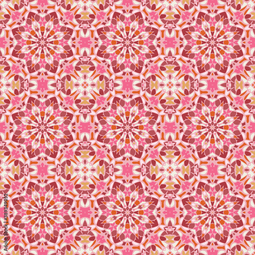 Creative color abstract geometric mandala pattern in pink red beige, vector seamless, can be used for printing onto fabric, interior, design, textile, pillow, carpet.
