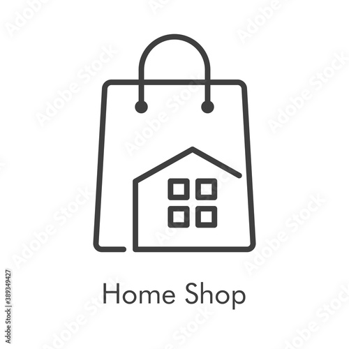 Logotipo con texto Home Shop con bolsa de la compra con tejado de casa y ventanas con lineas en color gris