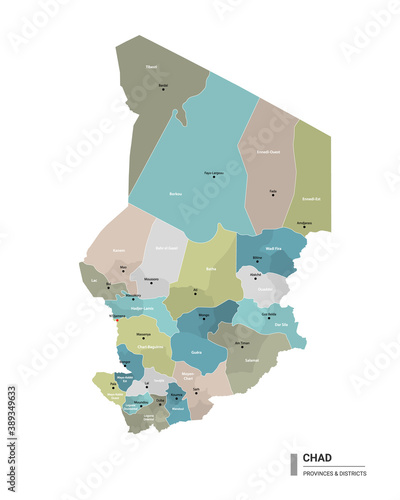 Chad higt detailed map with subdivisions. Administrative map of Chad with districts and cities name, colored by states and administrative districts. Vector illustration