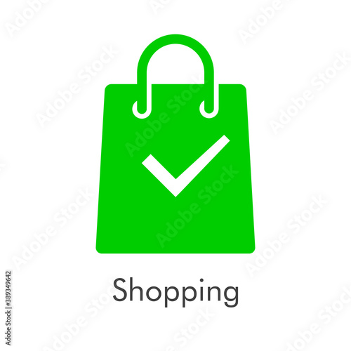 Símbolo de tienda en línea. Logotipo con texto Shopping con bolsa de la compra con tilde de casilla de verificación en color verde