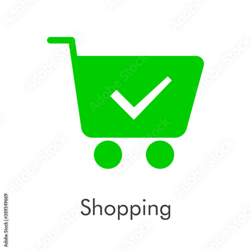 Símbolo de tienda en línea. Logotipo con texto Shopping con carrito de la compra con tilde de casilla de verificación en color brtde