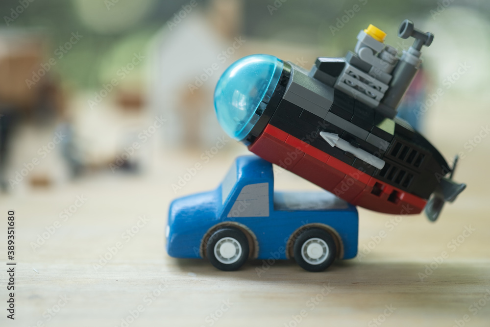 Plastic submarine toy placed on pickup truck blue Plastic submarine toy placed on pickup truck blue
