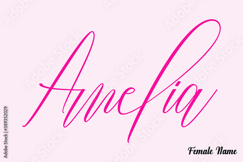 Amelia-Female Name Calligraphy Cursive Dork Pink Color Text on Light Pink Background