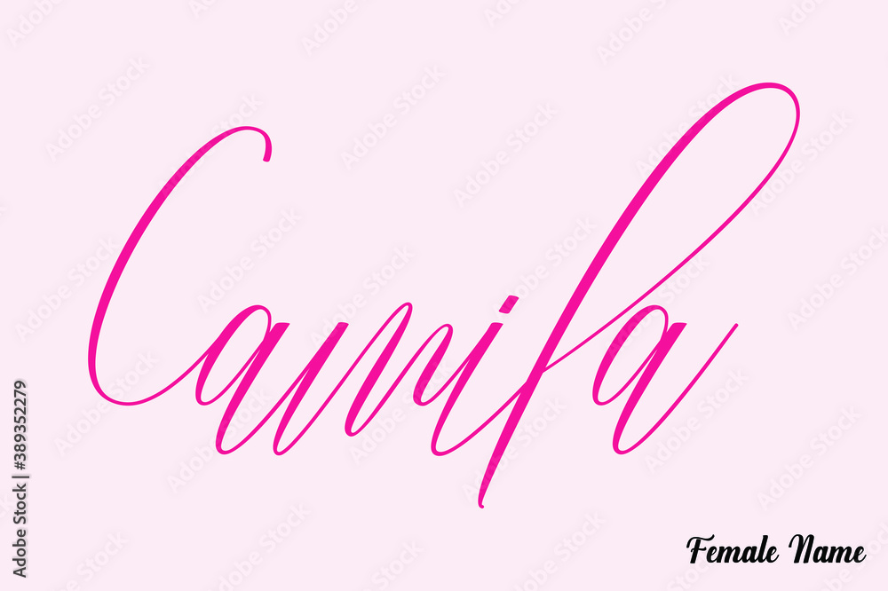 Camila-Female Name Calligraphy Cursive Dork Pink Color Text on Light Pink Background