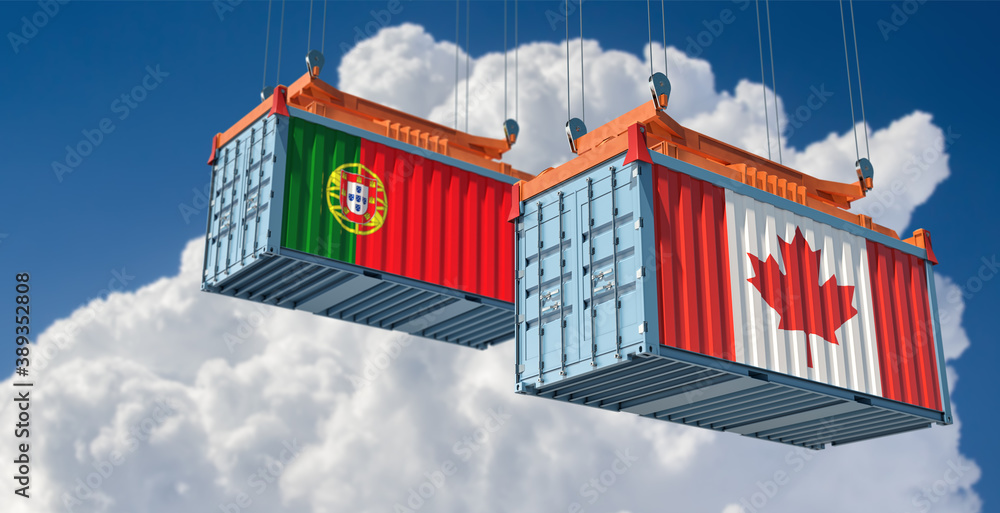 Freight containers with Canada and Portugal national flags. 3D Rendering