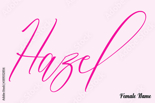 Hazel-Female Name Calligraphy Cursive Dork Pink Color Text on Light Pink Background