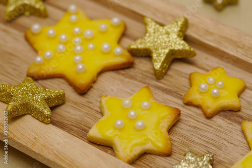 Star cookies with sugar pearls for Christmas