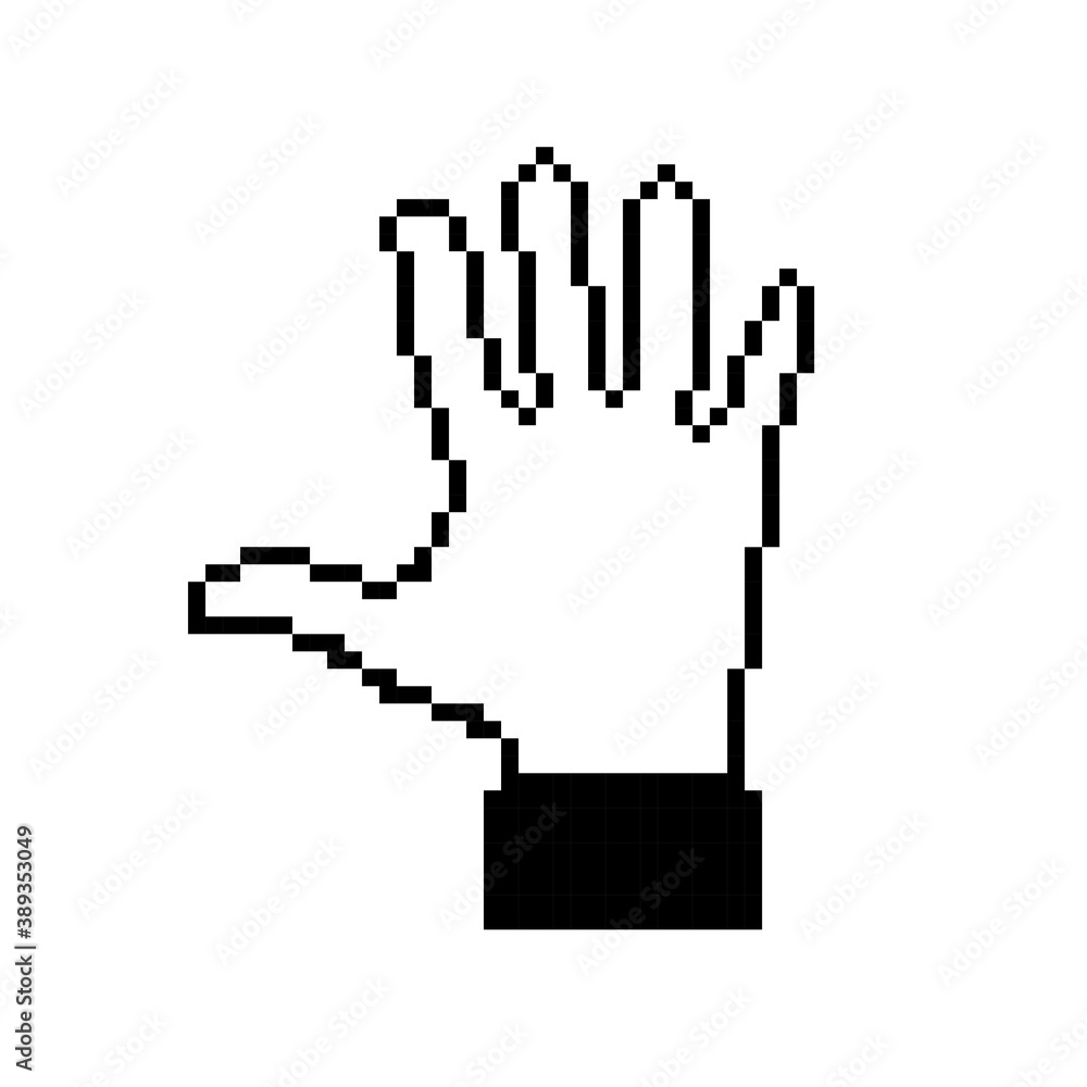 Flat pixelated hand gesture. Pixel palm symbol. Non-verbal or manual communication, emotional expressions, body language. Vector illustration. Isolated Flat pixelated hand gesture. Pixel palm symbol. Non-verbal or manual communication, emotional expressions, body language. Vector illustration. Isolated