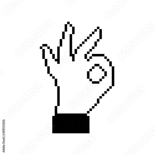 Flat pixelated hand gesture. Pixel okey symbol. Non-verbal or manual communication, emotional expressions, body language. Vector illustration. Isolated