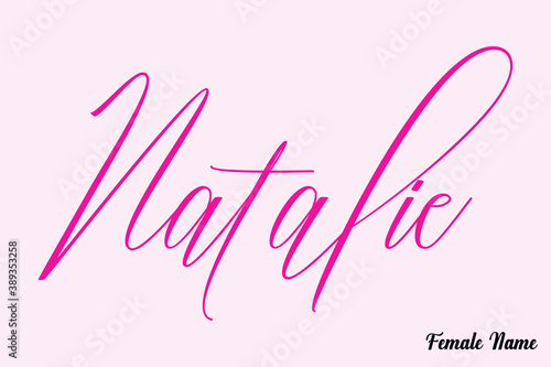 Natalie-Female Name Calligraphy Cursive Dork Pink Color Text on Light Pink Background photo