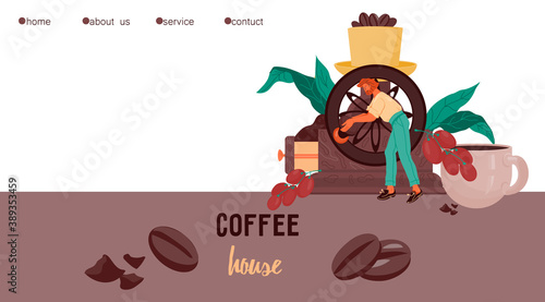 Coffee house or cafeteria website interface design with tiny man and decorative coffee elements. Landing web page template for coffee products selling flat vector illustration.
