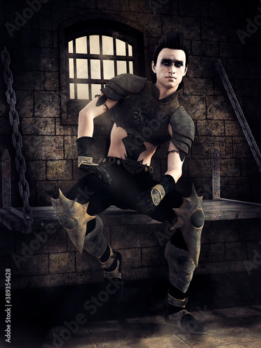Schilderij op canvas Fantasy rogue dressed in a leather outfit sitting on a bench in a dark dungeon cell