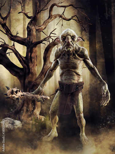 Dark scene with a fantasy goblin holding a mace and standing by a tree in the forest. 3D render. © Obsidian Fantasy