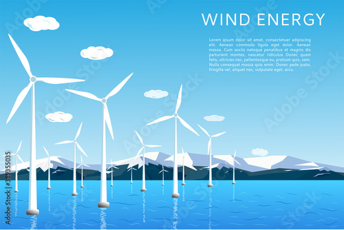 Offshore and onshore wind farms. Wind turbines in the sea, in the ocean. Green energy. Vector illustration. Space for text