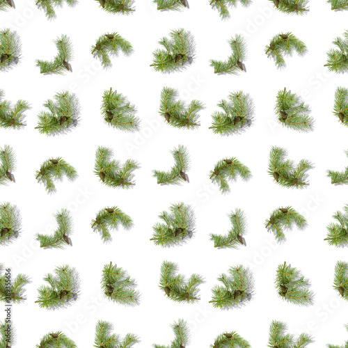 A seamless pattern  branches of pine with cones chaotically located on a white background.