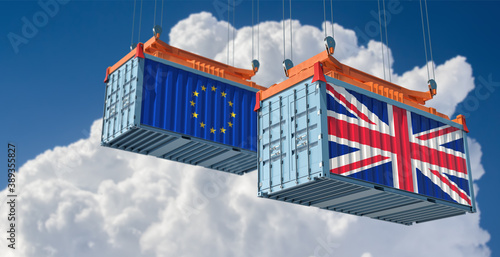 Freight containers with European Union and United Kingdom flag. 3D Rendering 