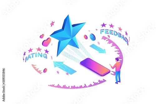 Feedback concept with 3d isometric star icon, customer rate product, client satisfaction survey, people review quality of service, purple vector illustration