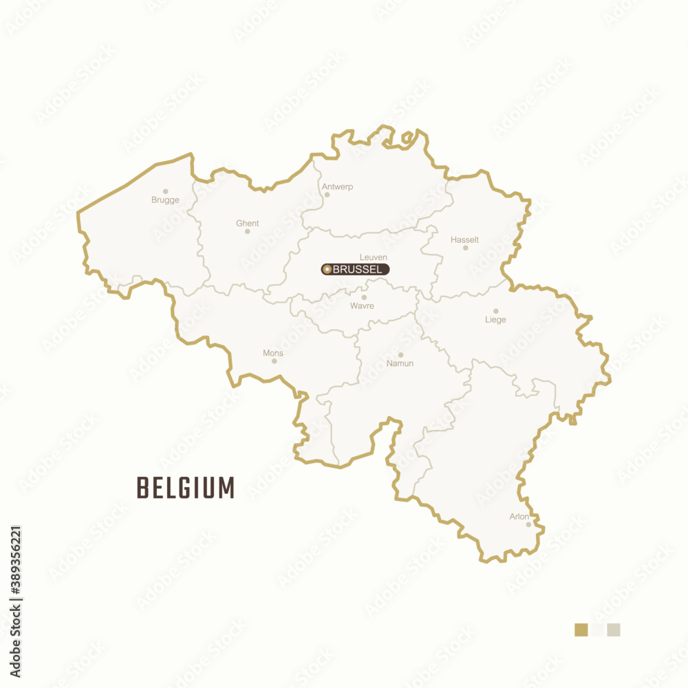 Map of Belgium with border, cities and capital Brussel. Each city has separately for your design. Vector Illustration