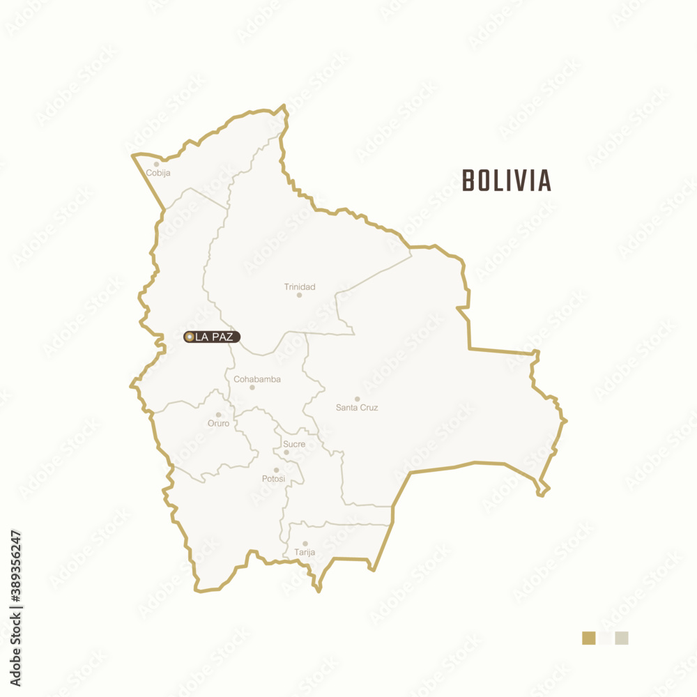 Fototapeta premium Map of Bolivia with border, cities and capital La Paz. Each city has separately for your design. Vector Illustration